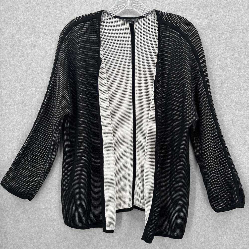 Eileen Fisher Black and Cream Open-Weave (waffle) Cardigan  L